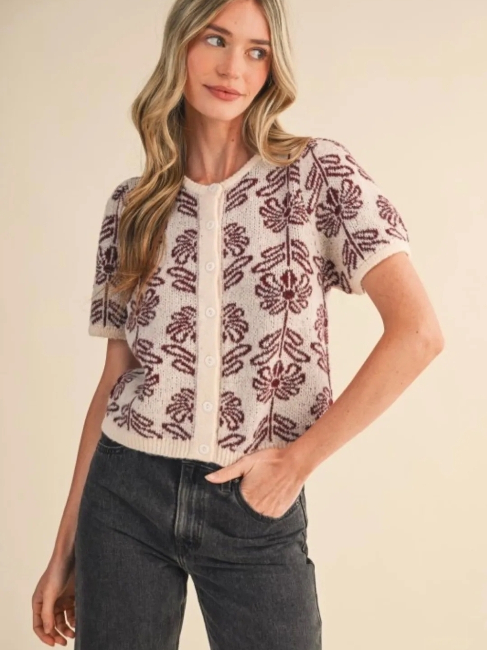 &Merci Floral Puff Sleeve Cardigan